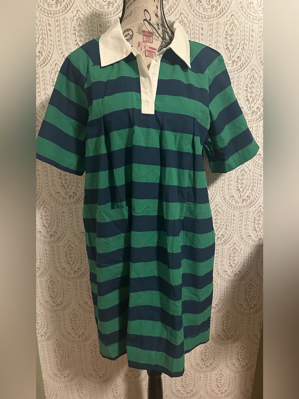Green and Navy Striped Polo Dress - Large new no tags
